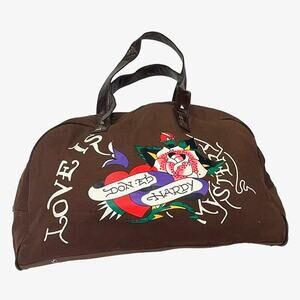 Vintage Don Ed Hardy 1971 Brown Duffle Bag  "Love is Mystery" Cloth Bowler Bag